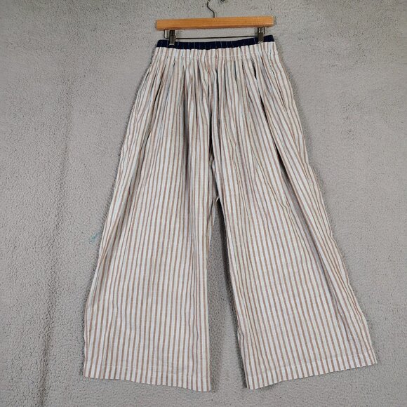 By Anthropologie Pants Women Small Gray Brown Striped Drawstring Waist Wide Leg - Picture 2 of 13